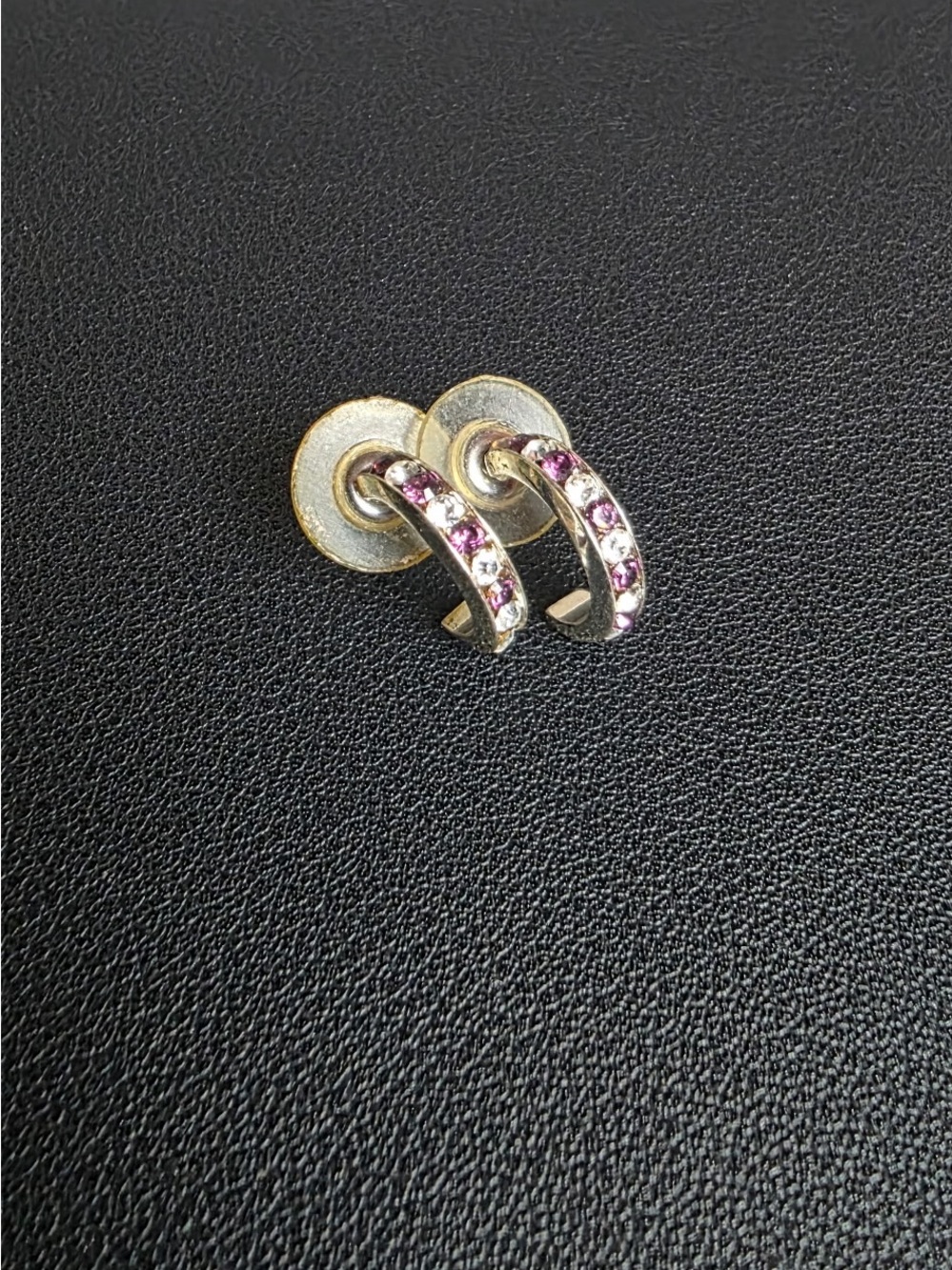 Silver Hoop Stud Earrings with Purple Crystal Accents
